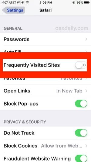 Как отключить часто посещаемые сайты в Safari на iOS 9